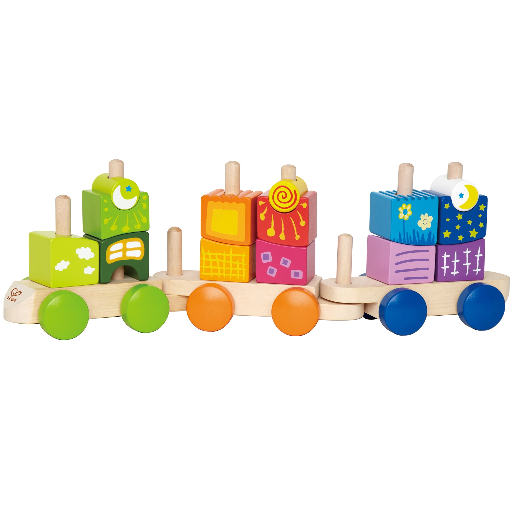 Hape: Fantasia Blocks Train- Wooden Sorting & Stacking Toy, Colorful & Pattern Pieces, Push & Pull, 3 Peg Train Car Playset, Toddler & Kids Age 18mo+