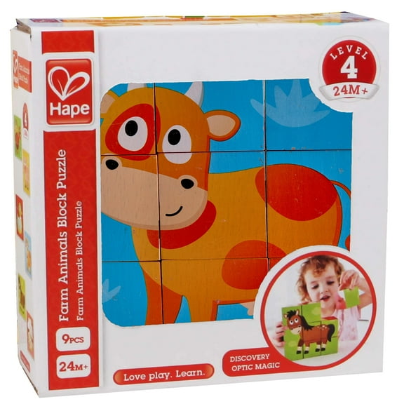 Hape: Farm Animal Block Puzzle- 9pc Wooden Stacking Blocks Puzzle, Chunky Animal Picture Pieces, Discovery Optic Magic Toy, Toddler & Kids Ages 2+