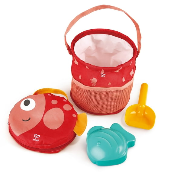 Hape: Fold & Go Beach Toy Set- Fish Shaped Waterproof Bag Holds Collapsible Bucket, Fish Sand Mold & Shovel, Beach Play, Kids & Toddlers Ages 18mo+