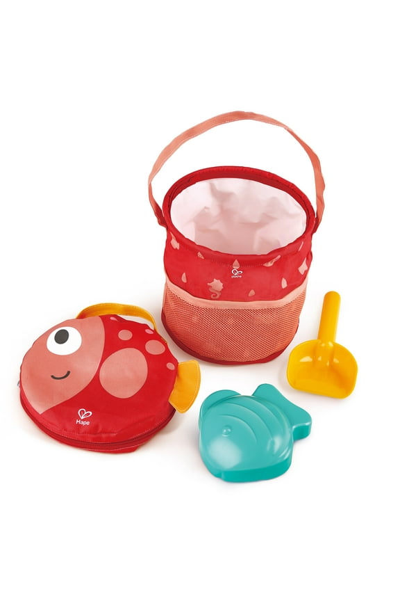 : Fold & Go Beach Toy Set- Fish Shaped Waterproof Bag Holds Collapsible Bucket, Fish Sand Mold & Shovel, Beach Play, Kids & Toddlers Ages 18mo+