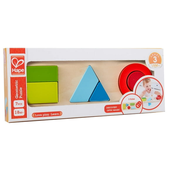 Hape: Geometry Puzzle - 7pc Wooden 2-Sided Puzzle, Colorful Chunky Shapes Pieces, Sorting Toy, Discovery Optic Magic, Toddler & Kids Ages 18mo+