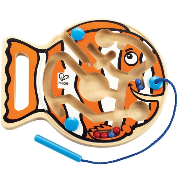 Hape: Go-Fish-Go - Wooden Magnetic Wand Bead Maze, Durable Fish Shaped Toy w/ Carry Handle, Orange & White, Transparent Cover, Toddlers & Kids Ages 2+