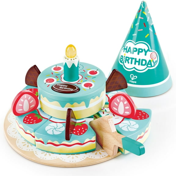 Hape: Interactive Happy Birthday Cake- 16pc Light & Sound Wooden Toy, Cake-Hat-Candle-Slicer, Kitchen Food, Pretend Playset, Toddlers & Kids Ages 2+
