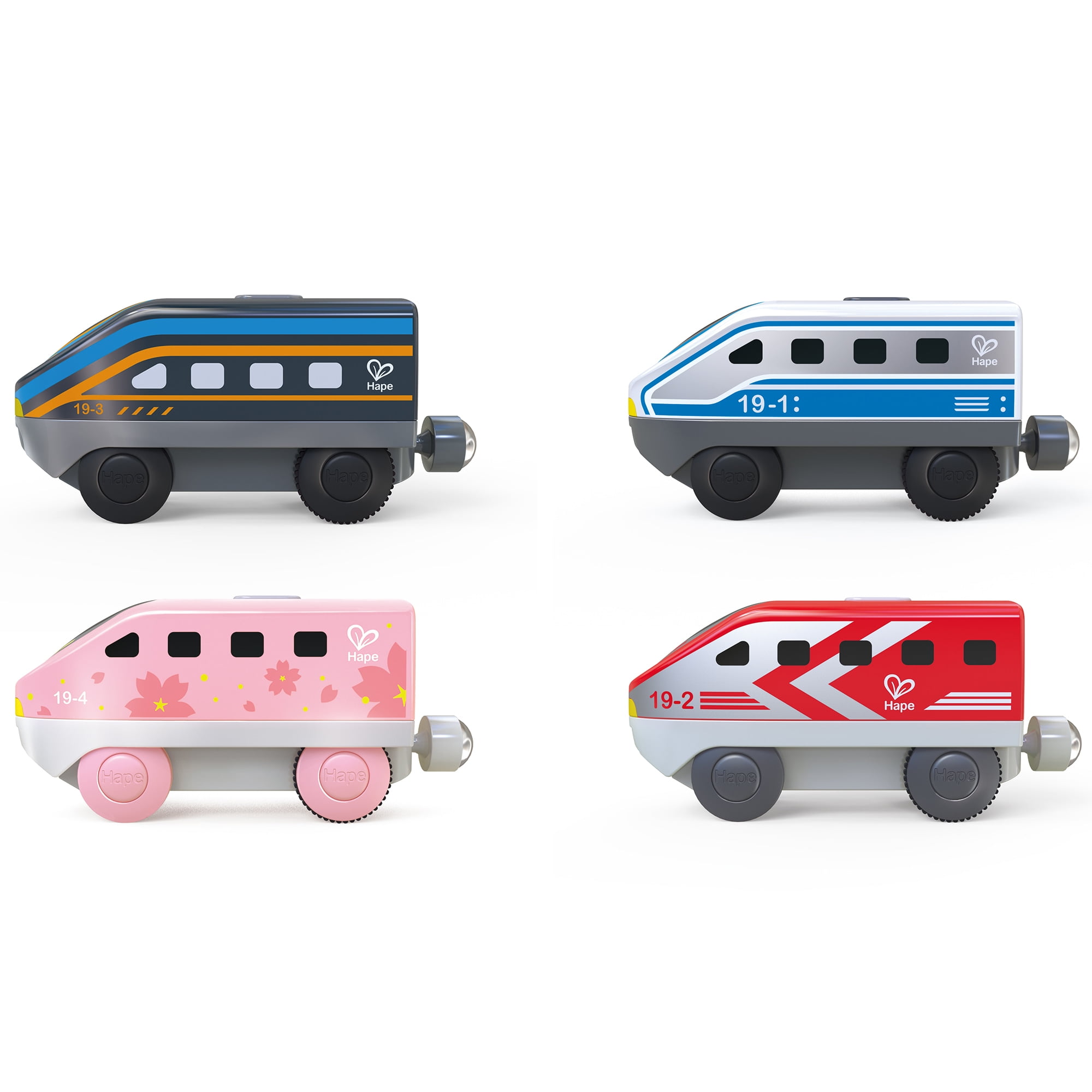 Hape: Intercity Battery Powered Locomotive Set - 4 Different Colored Toy Trains, Forward & Reverse Direction Switch, Magnetic Attaching, Kids Ages 3+