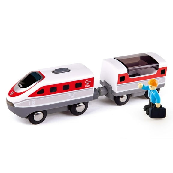 Hape: Intercity Battery Powered Train Set - Red & White - Engine & Train Car, Play Accessories, Forward-Reverse, Wooden Toy, Magnetic Linking, Kids 3+