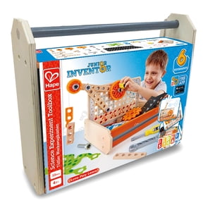Hape: Junior Inventor: Science Experiment Toolbox- 32pc, Wooden Building Toy, 6 Experiments, Gears & Movement, STEM Mechanical Learning, Kids Ages 4+