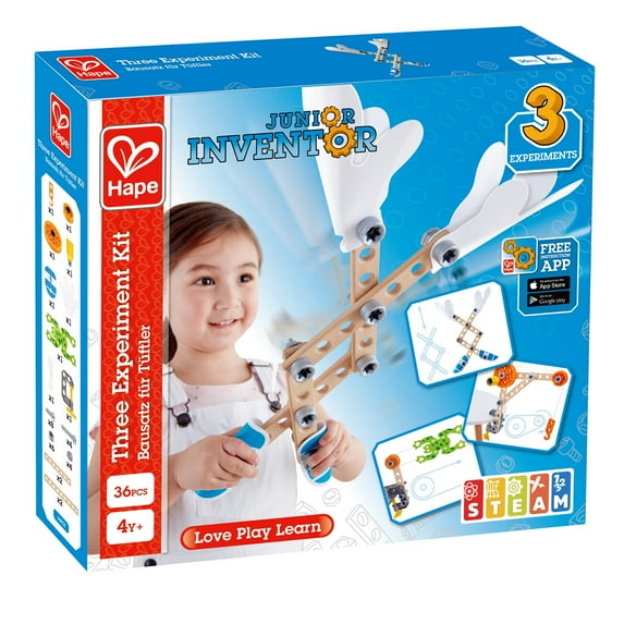 Hape: Junior Inventor: Three Experiment Kit - 36pcs, Wooden Building Toy Set, Mechanical & Movement STEM Learning, Science Playset, Kids Ages 4+