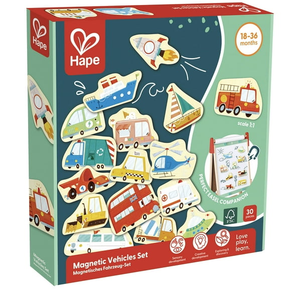 Hape: Magnetic Vehicles Set - 30pcs, Colorful Wooden Magnets, For Easels & Fridges, Land-Air-Sea Themed, Preschool Learning, Toddler & Kids Age 18mo+