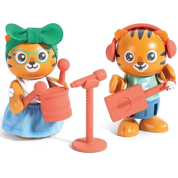 Hape: Milo & Melody Set - 2 Tiger Articulated Toy Figurines, Wooden Animal Miniatures W/ Musical Instruments, Green Planet Explorers, Kids Age 3+