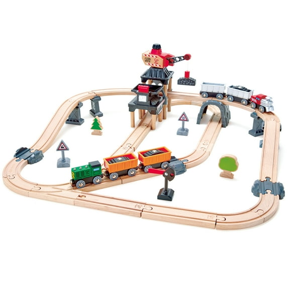 Hape: Mining Loader Set - 12pc Train Yard Playset, Wooden Toy, Magnetic Linking Capability, Cargo Crane, Railroad Tracks, Accessories, Kids Ages 3+