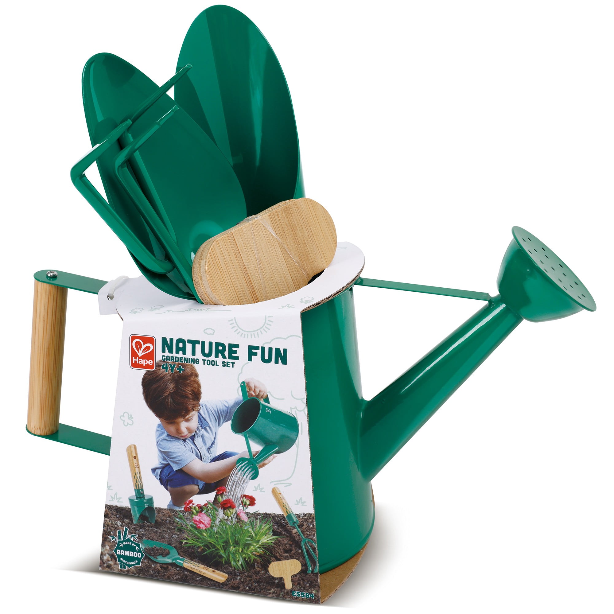 Hape: Nature Fun - Gardening Tool Set - Green 6pc Set, Bamboo & Metal, Water Can & Tools, Sturdy Enough To Use In The Garden, Outdoor Toy, Kids Age 4+