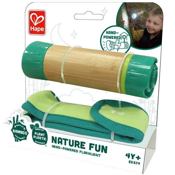Hape: Nature Fun: Hand-Powered Flashlight- w/ Case, Bamboo, Kinetic Pull Cord Charge, Nature & Night Exploration Toy, Outdoor Play, Kids Ages 4+
