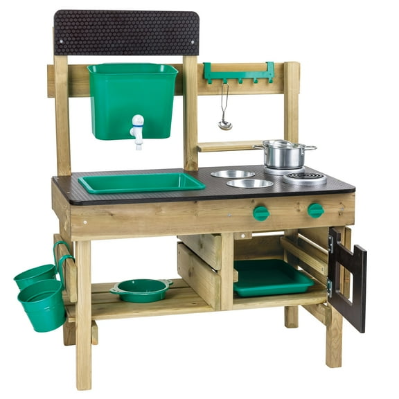 Hape: Nature Fun: Outdoor Mud Kitchen - Wooden Playset, Cooking Accessories, Water Dispensing Sink Bucket, Chef Pretend Play, Blackboard, Kids Ages 3+