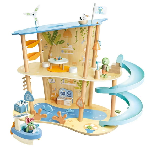 Hape: Ocean Rescue Playset - 47pc Wooden 2 Level Doll House w/ Slide, Turtle Figurines, Toy Care Center Accessories, Green Planet Explorers, Kids 3+