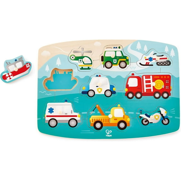 Hape: Peg Puzzle: Emergency - 10pc Wooden Puzzle, Colorful Chunky Vehicle Pieces On Scenic Durable Base, Preschool Play Toy, Toddler & Kids Ages 2+