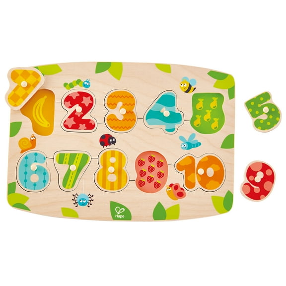 Hape: Peg Puzzle: Fruity Numbers - 11pc Wooden Puzzle, Colorful Chunky #1-10 Pieces, Discovery Optic Magic, Preschool Play Toy, Toddler & Kids Ages 2+