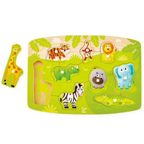 Hape: Peg Puzzle: Jungle - 10pc Wooden Puzzle, Colorful Chunky Animal Shaped Pieces, Scenic Durable Base, Preschool Play Toy, Toddler & Kids Ages 2+