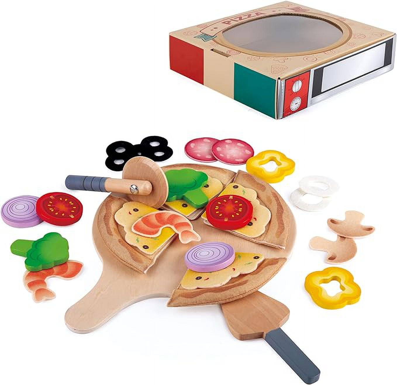 Hape Perfect Pizza Wooden Playset for Kids Kitchen 2 in 1 Pizza Oven Delivery Box 29 PCs Pretend Play for Toddlers Ages 3 Years and Up Black