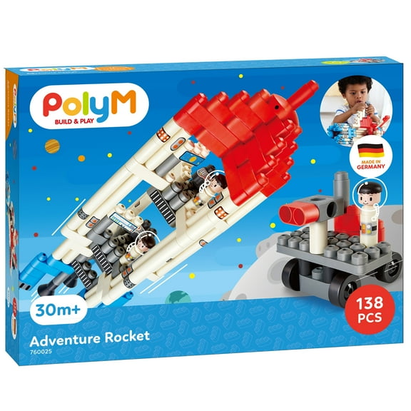 Hape: PolyM: Adventure Rocket- Red-Blue-White - 138pc Building Block Toy Set, Figurine, Build & Play, Open Play & Inspiration Card, Toddlers Kids 2+
