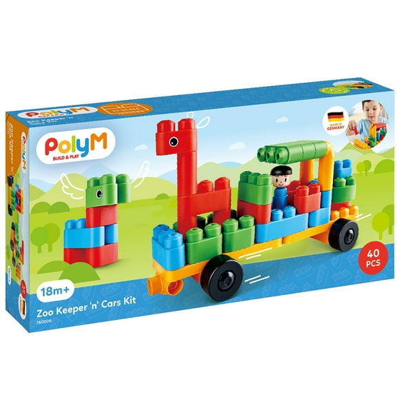 Hape: PolyM: Zoo Keeper 'n CarsKit - 40pc Building Blocks Toy Set w/ Figurine, Build & Play, Open Play & Inspiration Card, Toddlers & Kids Ages 18mo+