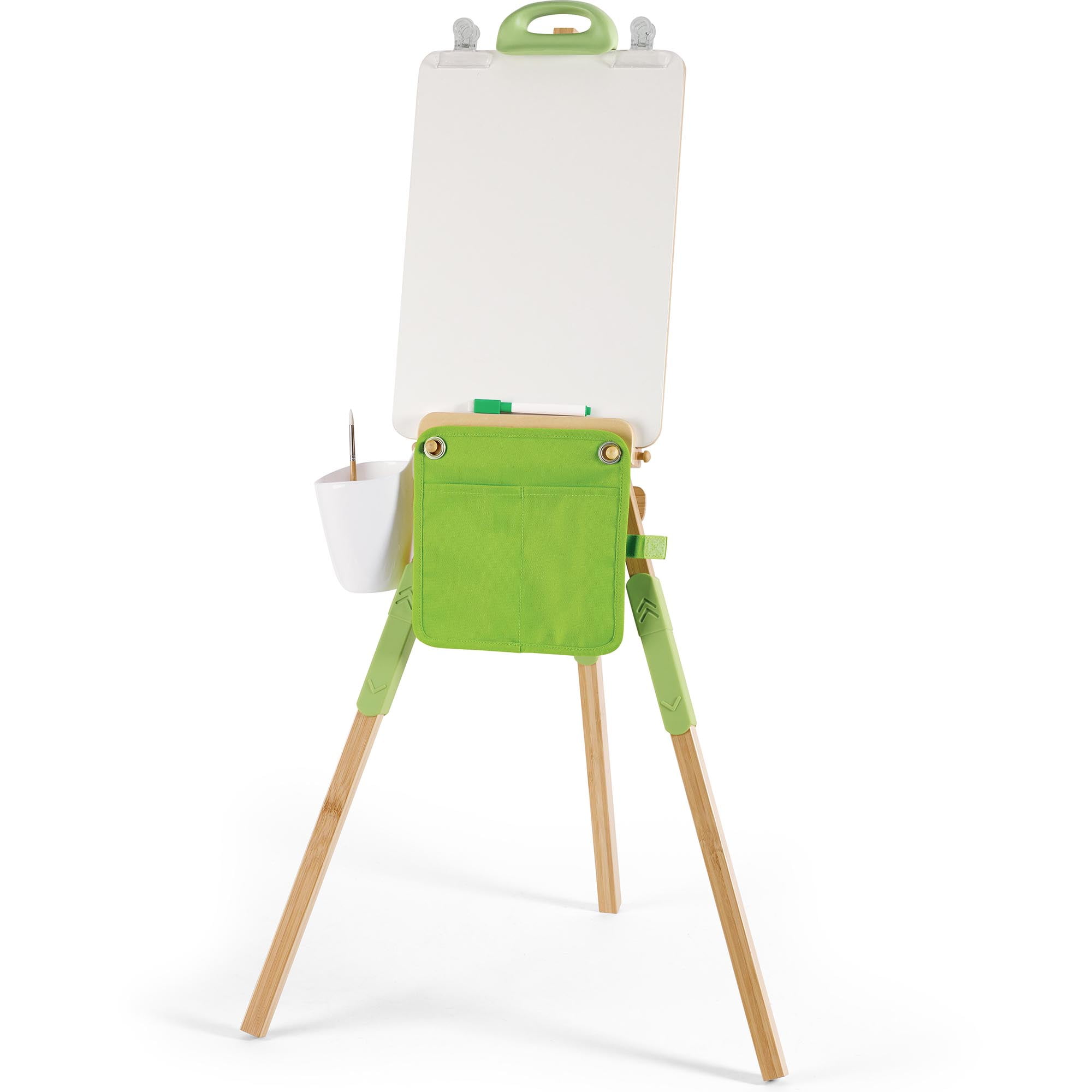 Hape: Portable Bamboo Easel - 14pc, Green & White, Whiteboard, Adjustable Height, Canvas Included, Supplies Pouch, Arts & Crafts Supplies, Kids Age 4+