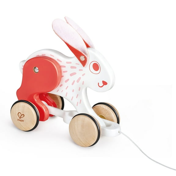 Hape: Pull Along - Bunny - White & Red - Wooden Animal Toy, Rubber Rimmed Wheels, Encourages Walking, Push & String Pull, Kid Baby Toddler, Age 12 mo+