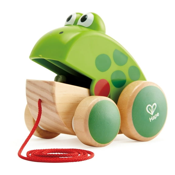 Hape: Pull Along Frog - Wooden Green Toy W/ Open & Close Mouth, Rubber Rimmed Wheels, Push & Pull Play, String Take Along, Baby, Toddler & Kids Age 1+
