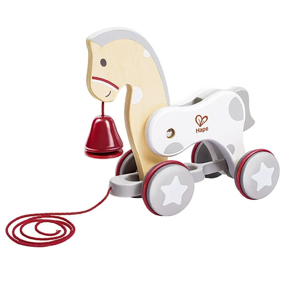 Hape: Pull Along Pony - White & Red - Wooden Toy, Moving Head & Bell, Rubber Rimmed Wheels, Push & String Take Along, Baby, Toddler & Kids Ages 1+