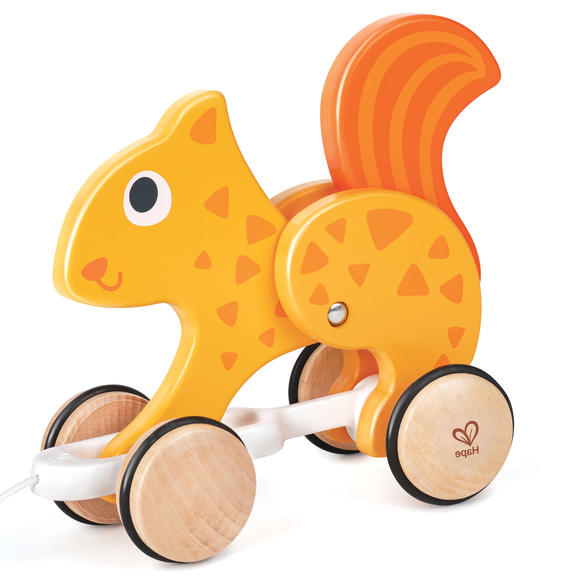 Hape Pull Along Squirrel Orange Wooden Animal Toy Rubber Rimmed Wheels Encourage Walking Push String Pull Kids Baby Toddler Ages 12 mo
