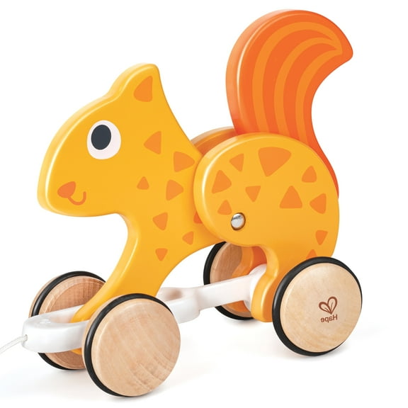 Hape: Pull Along - Squirrel - Orange - Wooden Animal Toy, Rubber Rimmed Wheels, Encourage Walking, Push & String Pull, Kids Baby Toddler, Ages 12 mo+