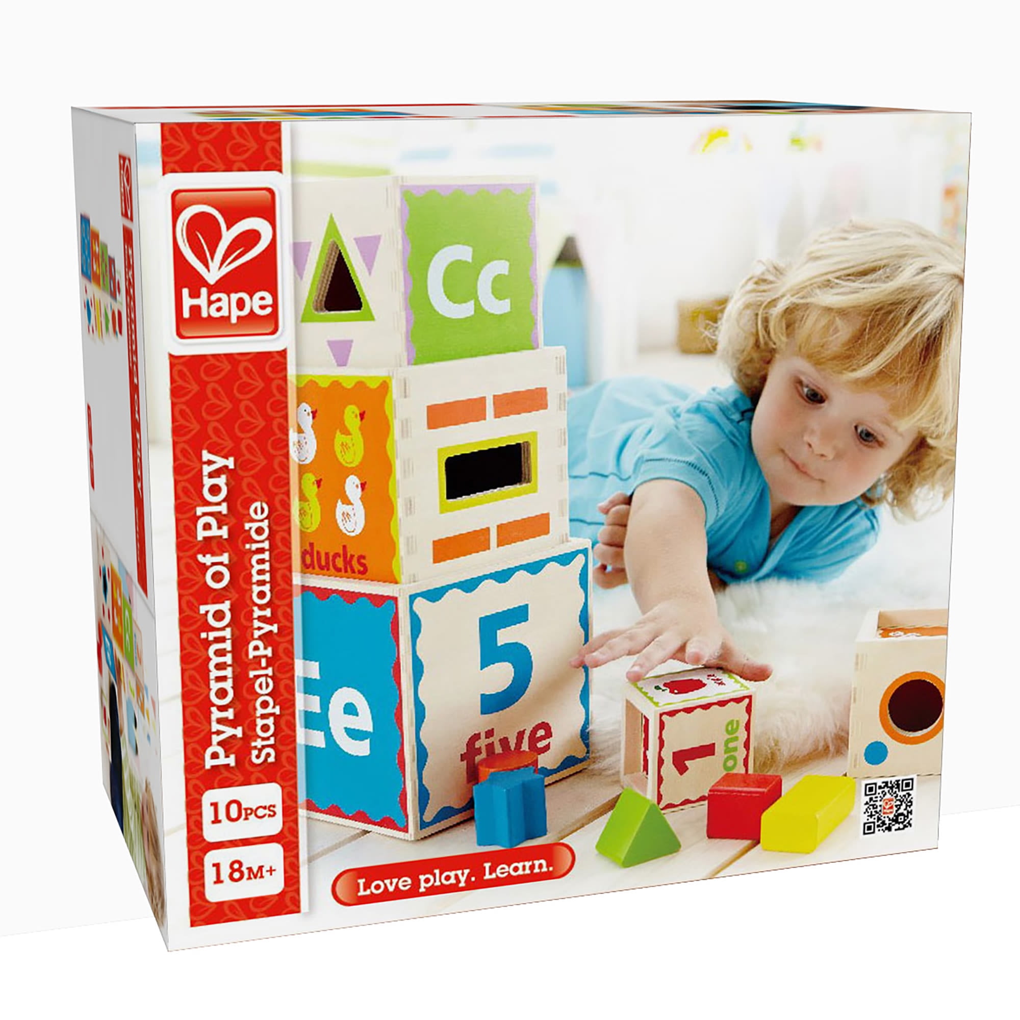 Hape: Pyramid of Play - 5 Wooden Nesting Blocks & Boxes, Multifunctional Shape Sorter Play Toy, Animals-Words-Colors-Pictures, Toddler & Kids Age 18mo+