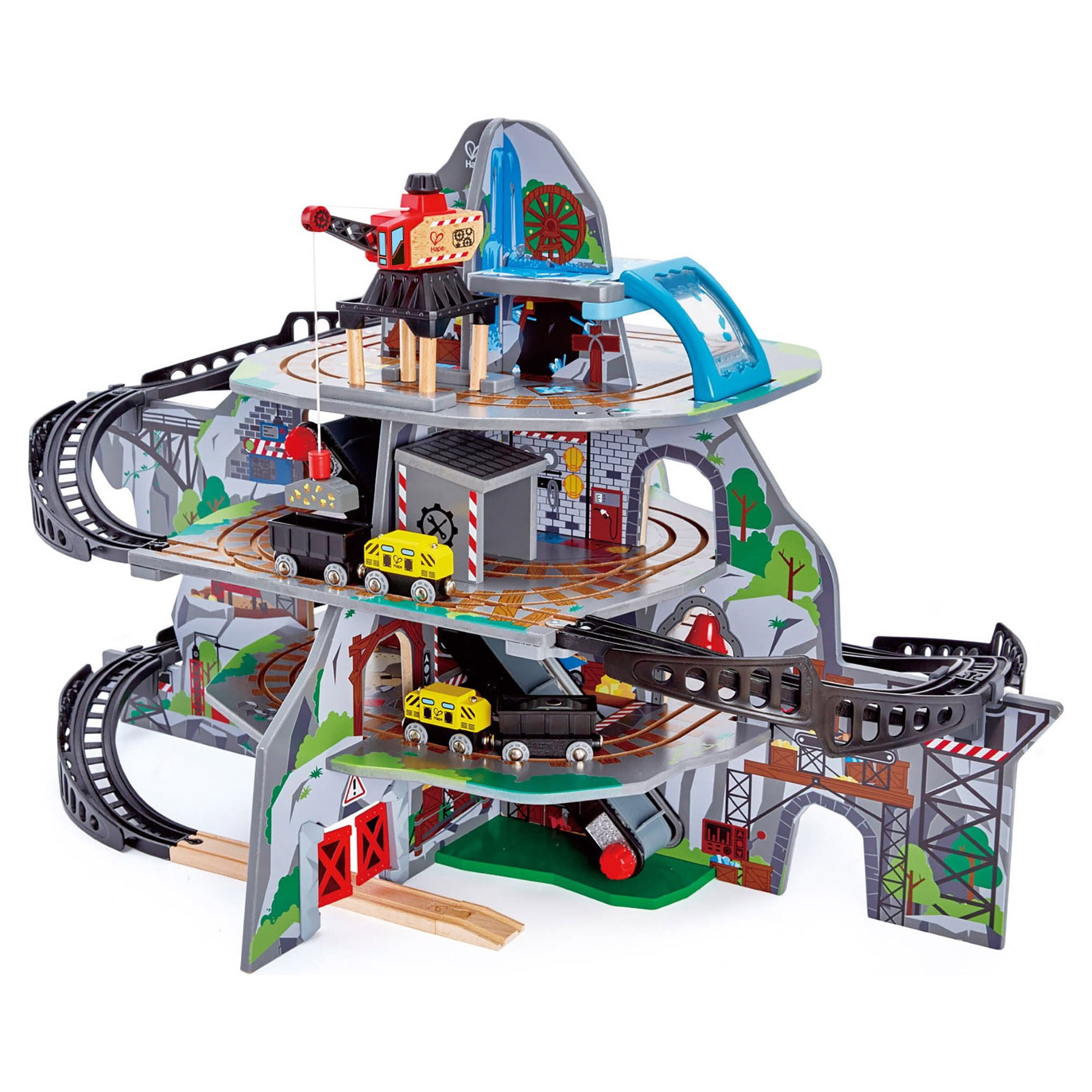 Hape Railway Mighty Mountain Train Multi-Level Wood Set, Crane, Conveyor Belt, and Bridge, Gift Idea for Toddlers & Kids Ages 3 to 10 Years Old