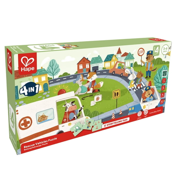 Hape: Rescue Vehicles Puzzle - 4 Puzzles In 1, 9-20pcs Each, 12 Storytelling Tiles, Oversized Pieces, Create Scenes & Create Stories, Kids Ages 3+