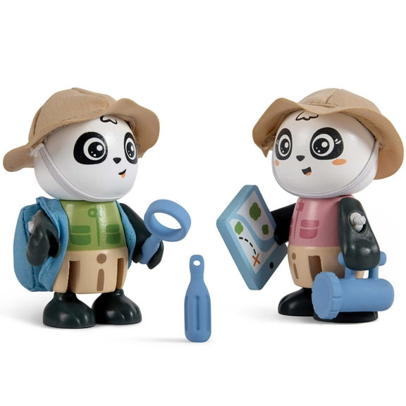 Hape: Sam & Pam Set - 2 Panda Articulated Toy Figurines, Wooden Animal Miniatures W/ Explorer Gear, Nature, Green Planet Explorers, Kids Age 3+