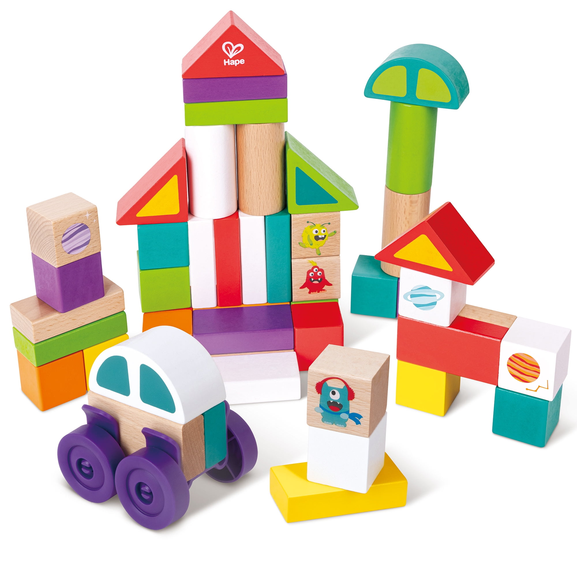 Hape: Space Monster Stacking Blocks - 54pc Wooden Colorful Various Shapes Set, Wheels To Build A Car, Stack & Play Toy, Kids, Toddlers & Baby Ages 1+