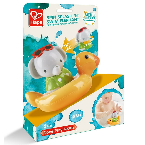 Hape: Spin Splash 'n' Swim Elephant - Bathtime Windup Spinning Toy, Color Changing Detachable Duck Ring, Water & Pool Play, Toddlers & Kids Ages 18mo+