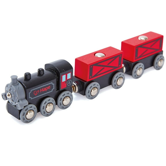 Hape: Steam-Era Freight Train- Red & Black - 3pc Wooden Locomotive Toy, Engine w/ 2 Cargo Carriages, Magnetic Linking, Push & Pull, Kids Ages 3+
