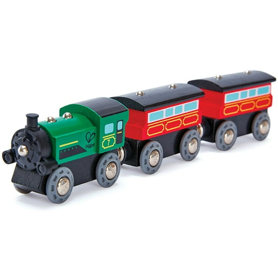 Hape: Steam-Era Passenger Train - Green & Red - 3pc Wooden Locomotive Toy, Engine w/ 2 Passenger Carriages, Push & Pull, Magnetic Linking, Kids Age 3+
