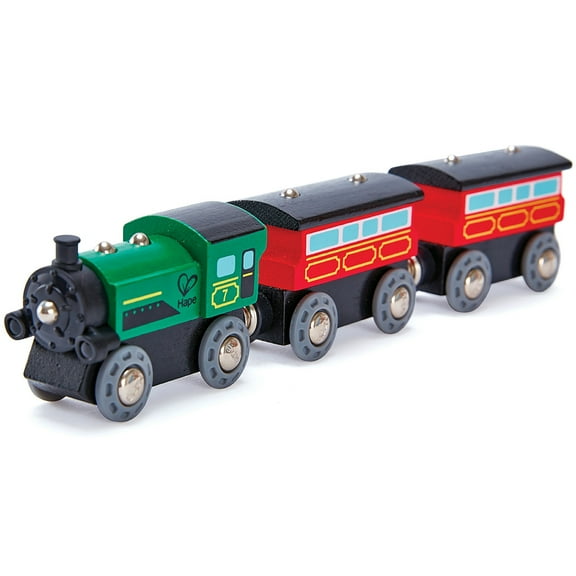Hape: Steam-Era Passenger Train- Green & Red - 3pc Wooden Locomotive Toy, Engine w/ 2 Passenger Carriages, Push & Pull, Magnetic Linking, Kids Age 3+