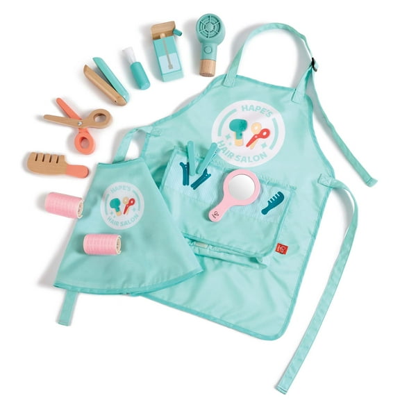 Hape: Super Stylish Hair Salon Set - 15pc, Teal & Pink Toy Set, Hairstylist Apron & Wooden Styling Accessories, Hair Dryer, Pretend Play, Kids Ages 3+