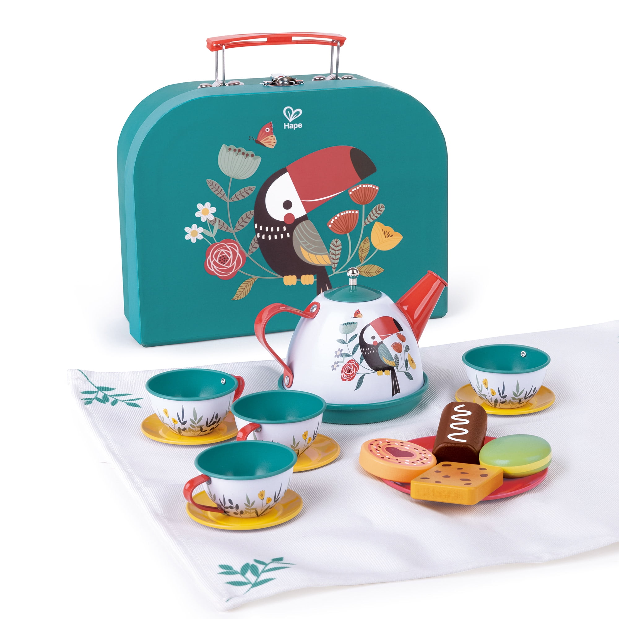 Teal and White Metal Tea Set with Storage Case