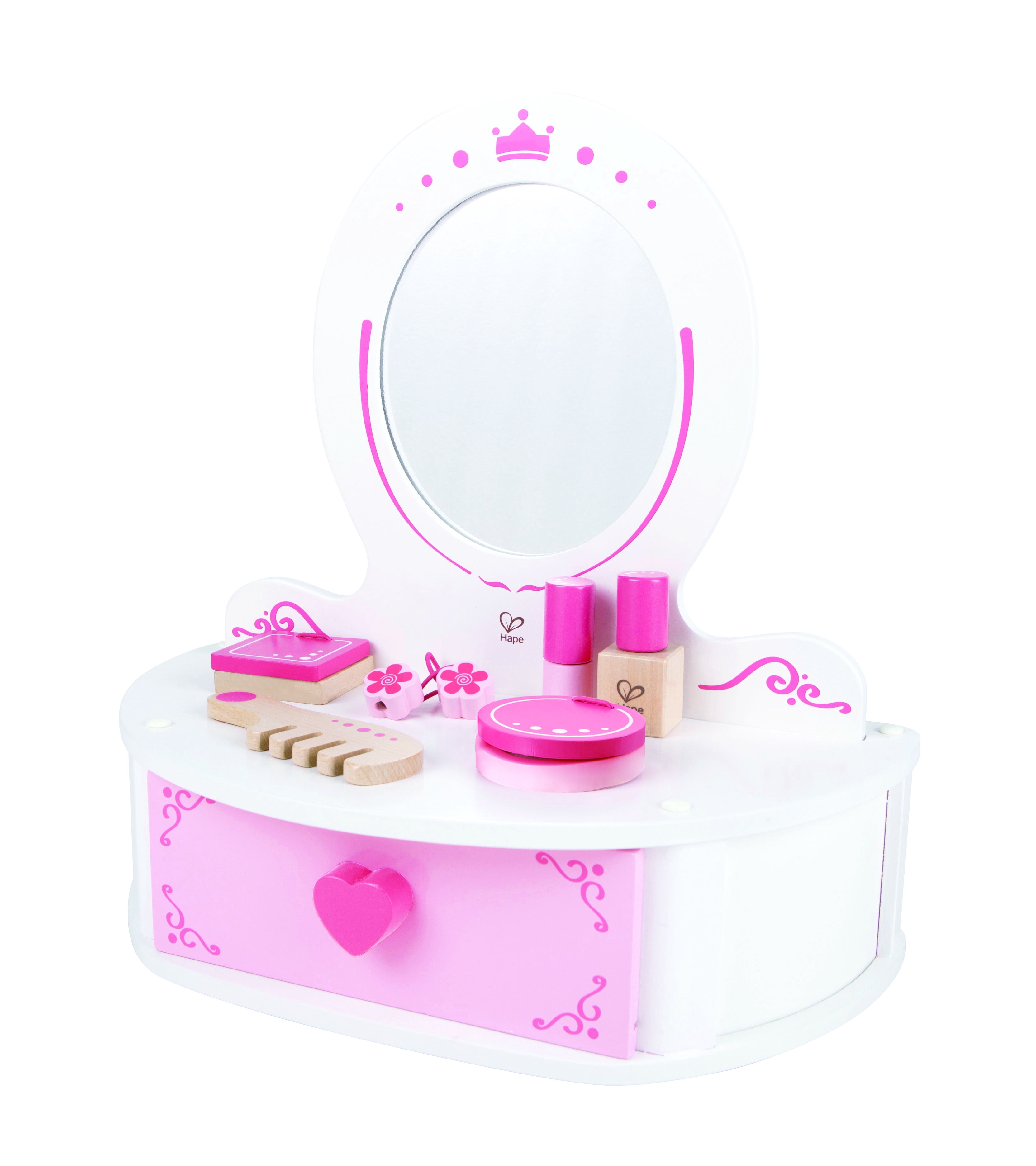 Hape Toys Petite Pink Vanity Toy Wooden Beauty Desk with Drawer, Mirror, Pretend Makeup Kit, Hairbrush, Lipstick Roll, Compact, Perfume, and Puffs, Gift Idea for Toddlers & Kids Ages 3+