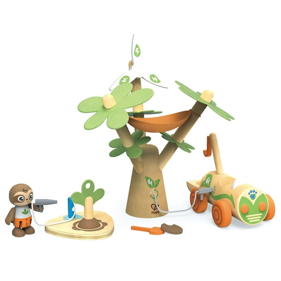 Hape: Tree Planting E-Car - 10pc Wooden Toy Set, Electric Wind Turbine & Nature Playset, Sloth Animal Figurine, Green Planet Explorers, Kids Ages 3+
