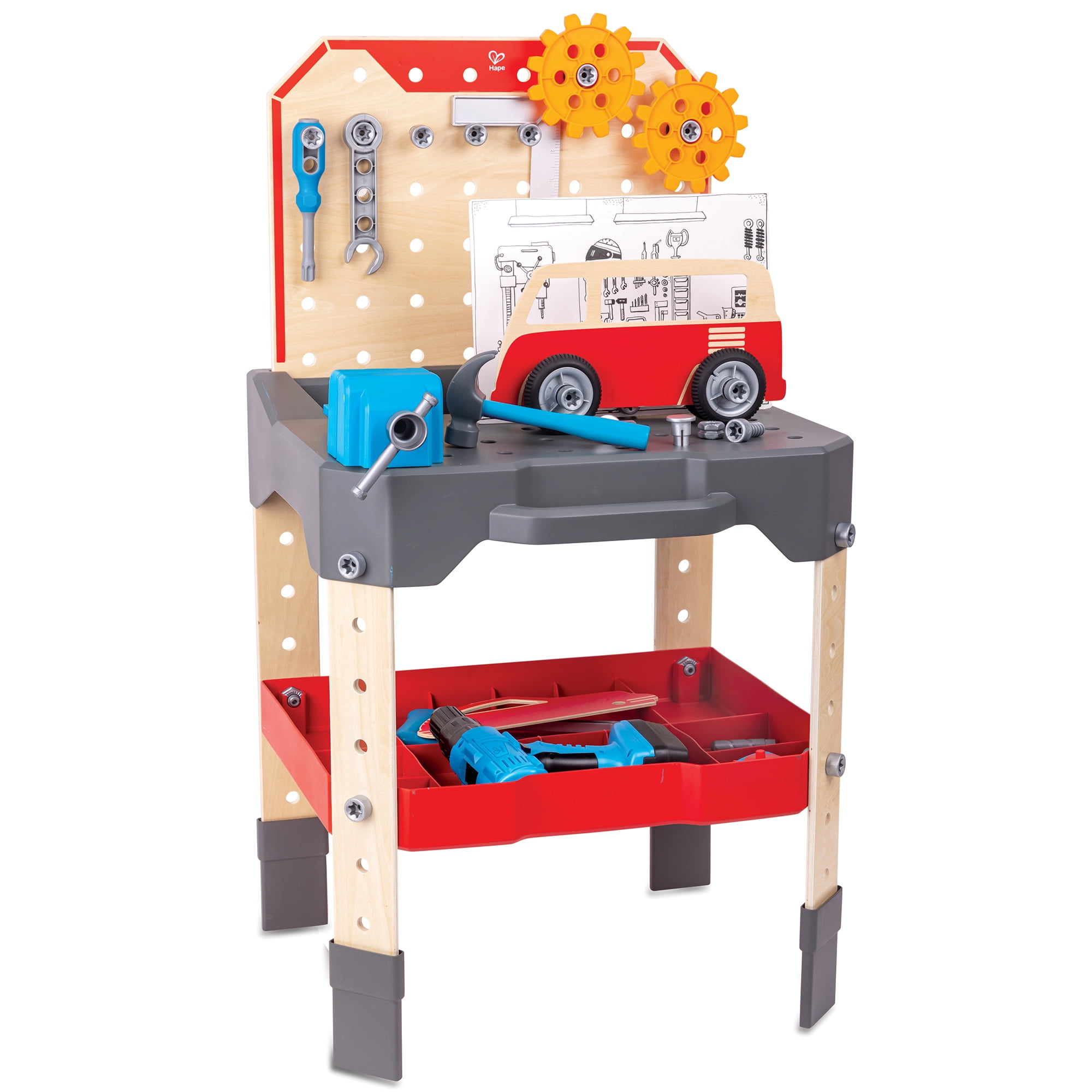 Hape Junior Inventor Vehicle Service Repair Workbench 71pc Wooden Toy Tool Station Battery Powered Electric Drill STEM Playset Kids Ages 3 Walmart