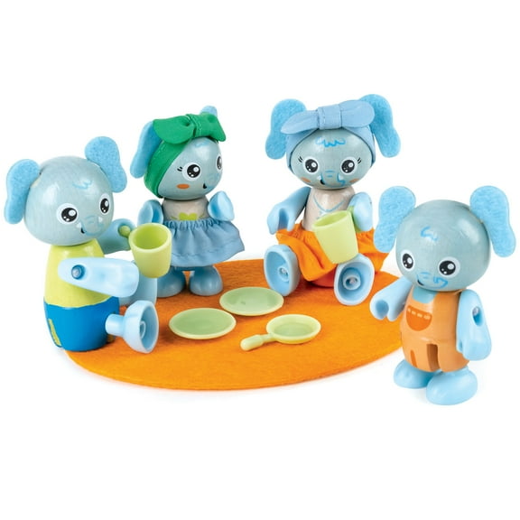 Hape: Wonderland Elephant Family - 4 Animal Articulated Figurines, Wooden Toys, Floor Mat & Eating Accessories, Green Planet Explorers, Kids Age 3+