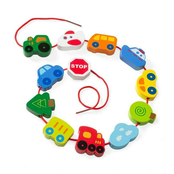 Hape - Wooden 12-piece Lacing Vehicles Set with Tote Wooden Block Set