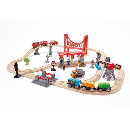 Hape Wooden Train Set Busy City Rail- 51 Pieces - Kids Pretend Play Railway Set