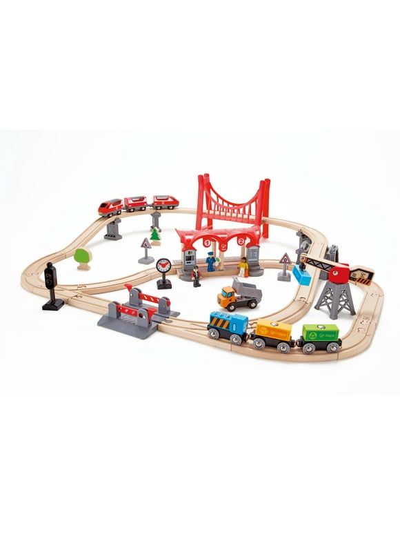 Hape Wooden Train Set: Busy City Rail Set - 51 Pieces - Kids Pretend Play Railway Set