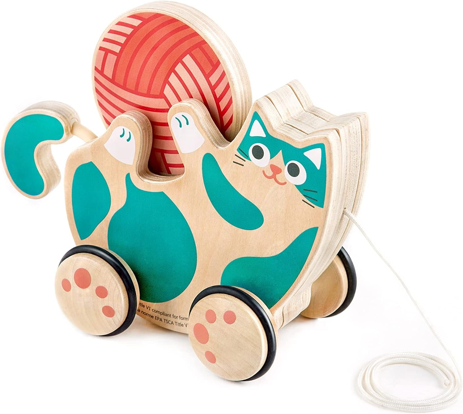 Hape Wooden WalkALong Kitten Pull Toy, Roll & Rattle Push Pull Toy