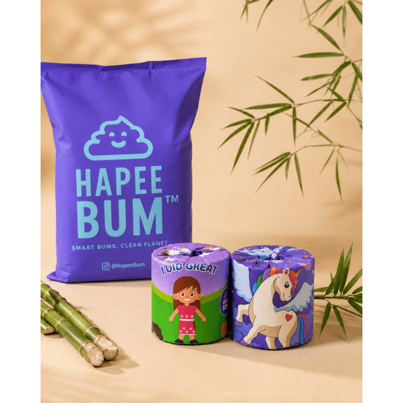 HapeeBum Kids Bamboo Toilet Paper, 3-Ply, Unscented, Educational Wrappers, 24 Rolls